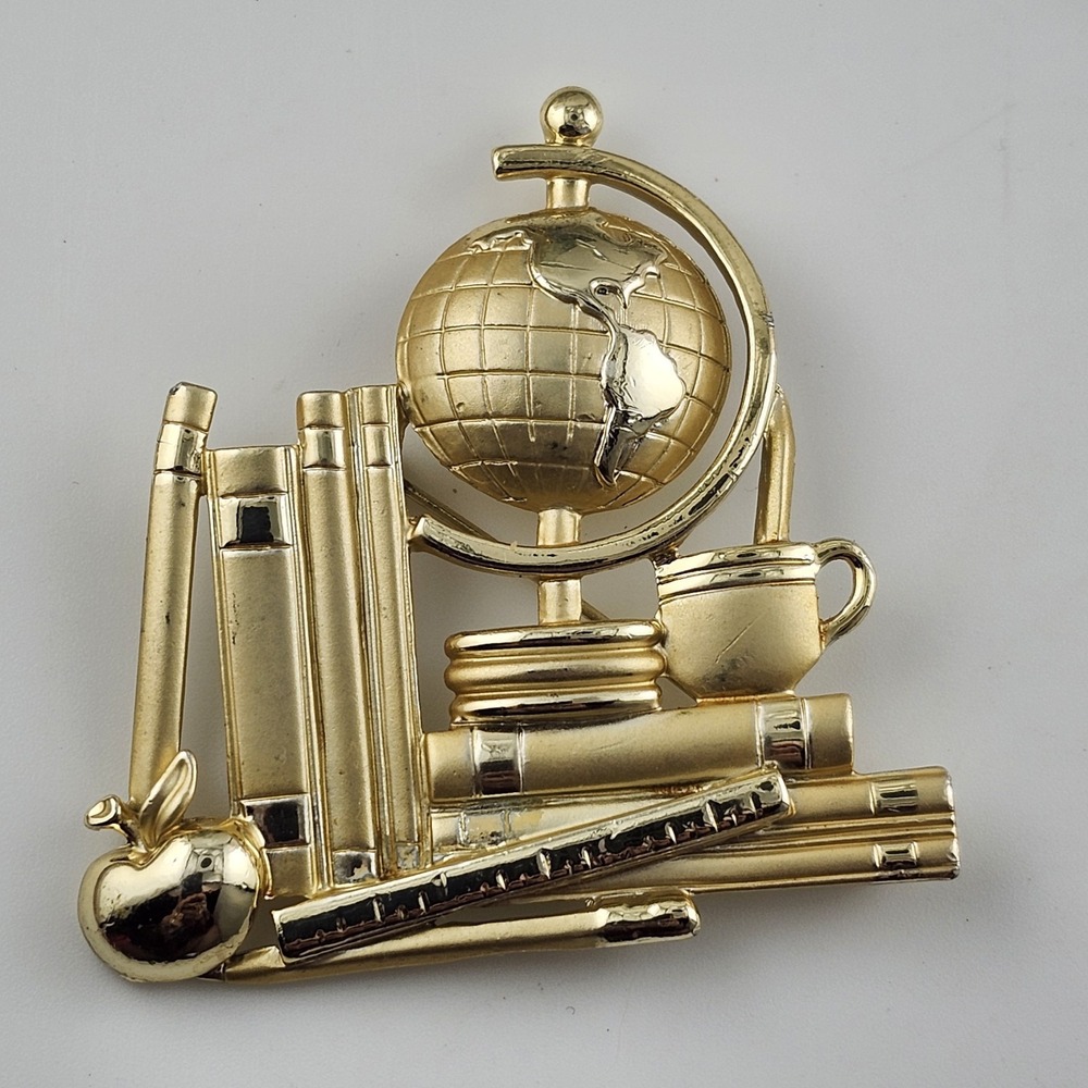 Vtg Brooch Gold Tone Signed AJC Teacher School Apple Globe Ruler Coffee Cup Book